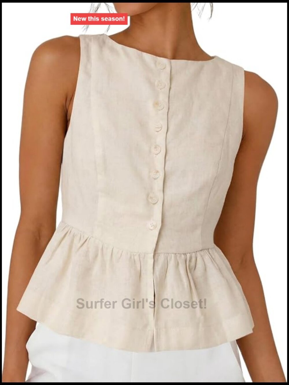 Linen Cotton Sleeveless Peplum Tank Top with Ruffle Hem